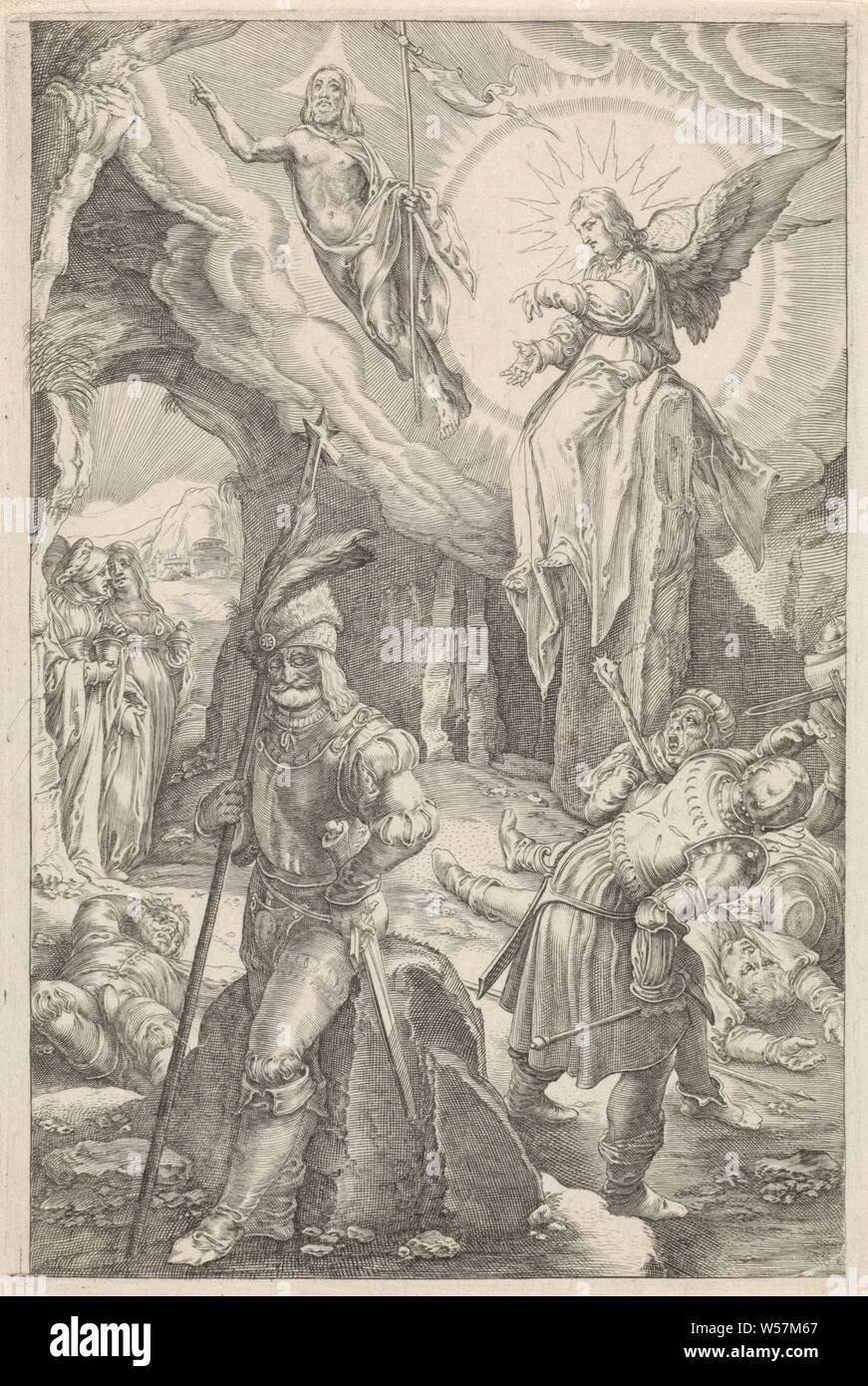 La risurrezione di Cristo la passione (titolo serie), Cristo è flottante all'ingresso della sua tomba con un banner di vittoria nella sua mano. Le tre Marie sono in piedi all'ingresso della tomba e vedere un angelo seduto sulla spinta lontana Pietra. Alcuni soldati sono spaventati e pochi sono dormire sul pavimento, Cristo, di solito tenendo un banner, deriva dalla tomba, spesso combinati con dormire e / o spaventati soldati, Cristo galleggiante sopra o vicino alla tomba, angel (s) affrontare le sante donne, la risurrezione di Cristo, anonimo, Paesi Bassi (eventualmente), 1596 - 1667, carta, incisione h 200 Foto Stock