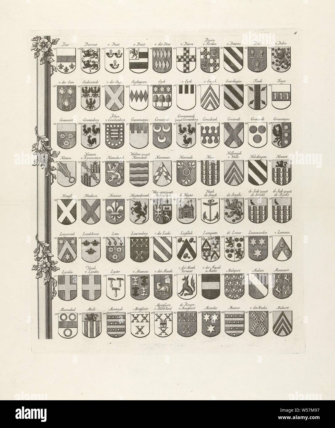 Mappa arma di vecchi generi di Utrecht, il centro sinistra pagina, a sinistra al centro pagina di un gruppo di nove stampe, tutti con armi di vecchi generi da Utrecht, cuscinetti armorial, araldica, Utrecht, Johannes van Hiltrop, 1769, carta, attacco, h 390 mm × W 325 mm Foto Stock