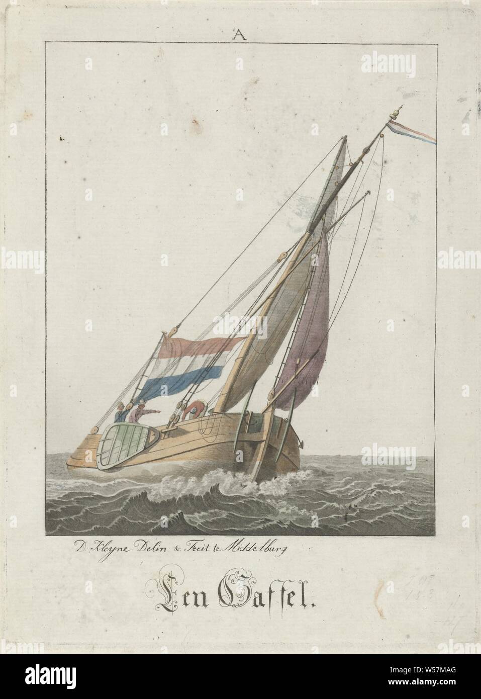 Forcella su open water un giogo (titolo in oggetto) le navi a vela (titolo serie), una forcella con tre uomini a bordo di open water, vela sotto una bandiera olandese. La stampa è parte di una serie di navi a vela, nave a vela, barca a vela, David Kleyne (menzionato in oggetto), Middelburg, 1763 - 1805, carta, h 201 mm × W 153 mm Foto Stock