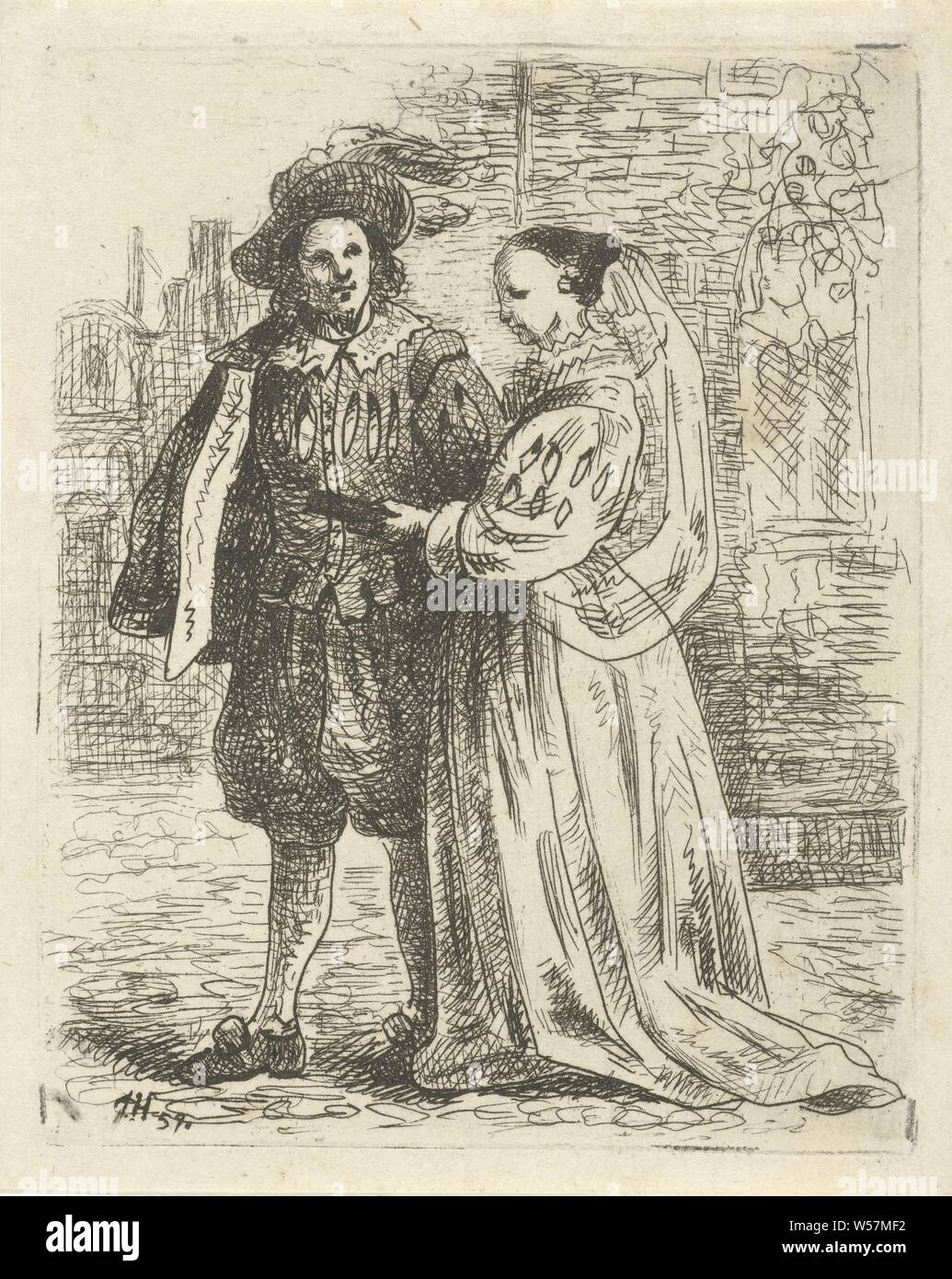 Matura nel XVII secolo costume, in costume storico, Josef Hoevenaar (menzionato in oggetto), Utrecht, 1857, carta, attacco, h 87 mm × W 69 mm Foto Stock