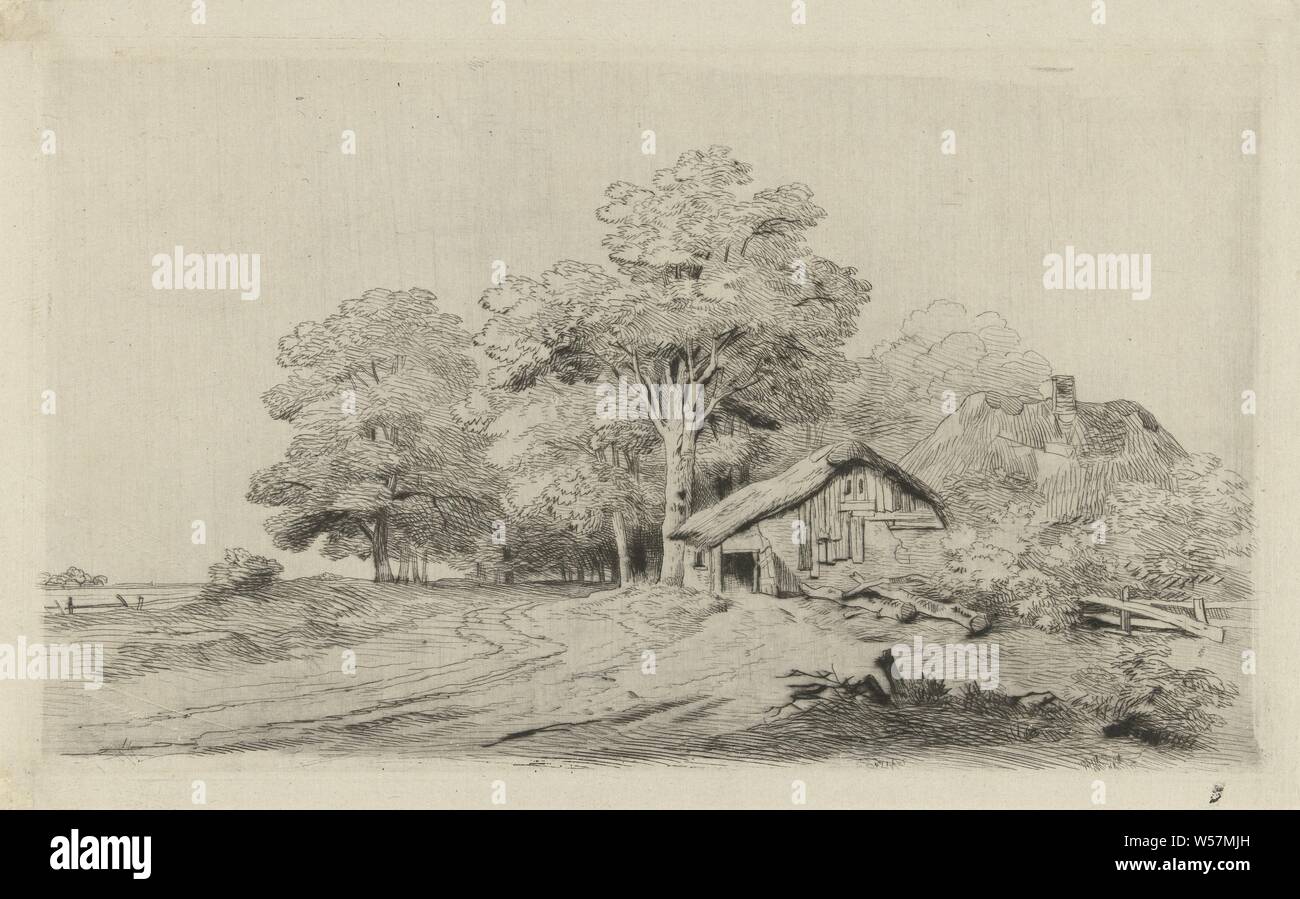 Azienda agricola su una strada, Remigius Adrianus Haanen, Austria (eventualmente), c. 1827 - 1879, carta, puntasecca, h 155 mm × W 263 mm Foto Stock