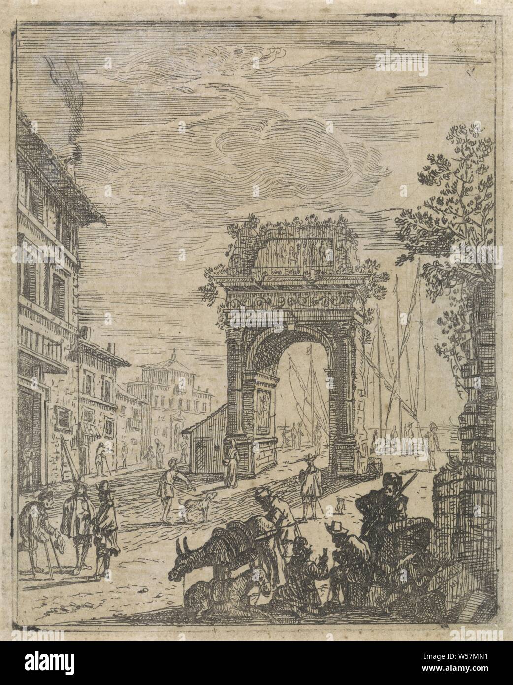 La rovina di un arco trionfale in un porto rovine classiche (titolo serie), la rovina di un antico arco trionfale sulla banchina di un porto. La stampa è parte di una sette-parte della serie con rovine antiche, arco trionfale, paesaggi con rovine (Paesaggio con figure, staffage), Frans Geffels, Mantova, 1659 - 1671, carta, attacco, h 151 mm × W 122 mm Foto Stock