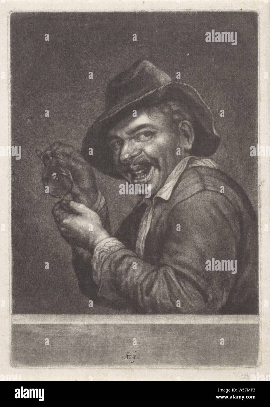 Uomo con un bicchiere vuoto (sapore) i cinque sensi (titolo serie), il senso senso. Un uomo con un cappello sulla parte superiore ha un bicchiere vuoto nelle sue mani. La stampa è parte di una serie con i cinque sensi., Abramo Bloteling (menzionato in oggetto), Amsterdam, 1652 - 1690, carta, incisione h 195 mm × W 136 mm Foto Stock