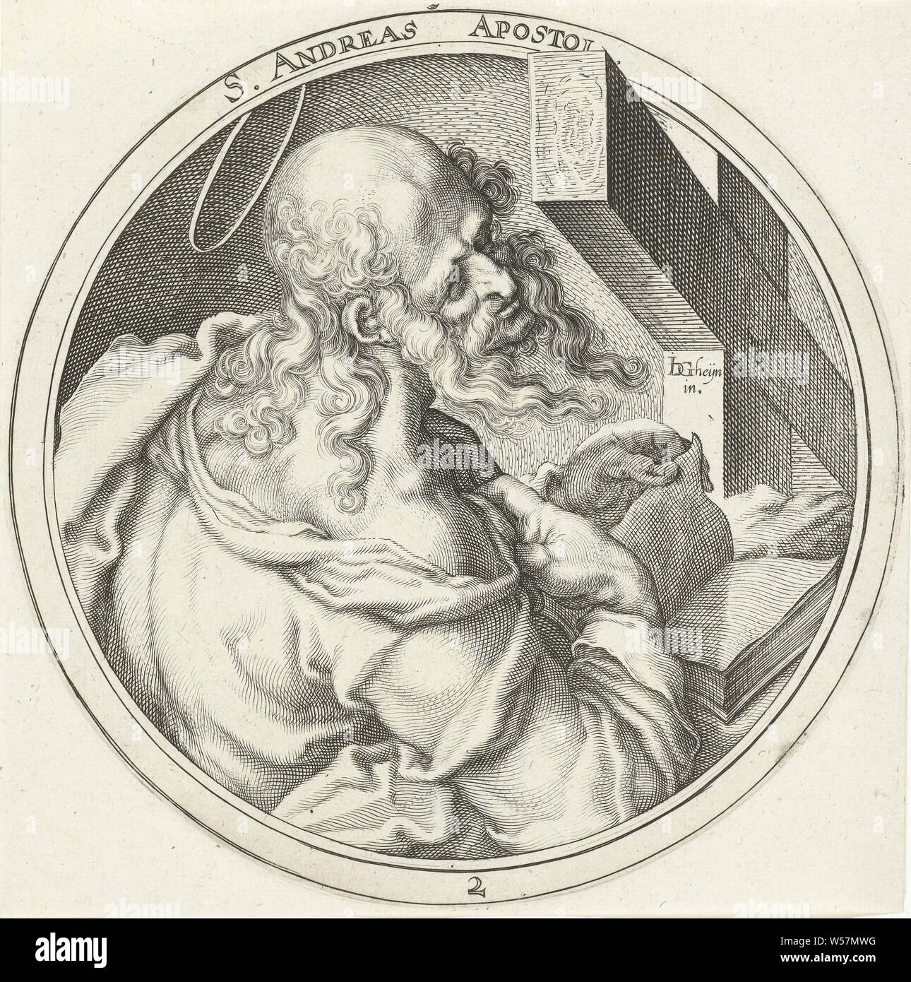 Saint Andrew Cristo e gli apostoli e San Paolo (titolo serie), l'apostolo Andrea, possibili attributi: prenota, X-a forma di croce, pesca, pescare net, corda, scorrimento, Zaccaria Dolendo, Leiden, c. 1596, carta, incisione, d 150 mm Foto Stock Saint Andrew Cristo e gli apostoli e San Paolo (titolo serie), l'apostolo Andrea, possibili attributi: prenota, X-a forma di croce, pesca, pescare net, corda, scorrimento, Zaccaria Dolendo, Leiden, c. 1596, carta, incisione, d 150 mm Foto Stock