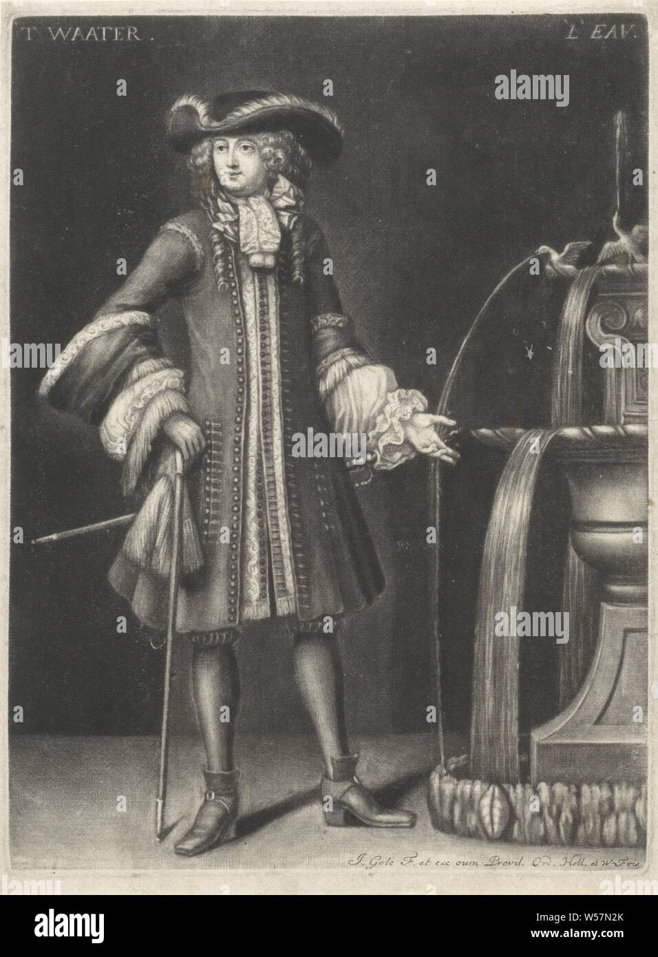 Acqua T 'Waater / L'EAU (titolo in oggetto) i quattro elementi (Titolo serie ), l'elemento acqua. Un giovane uomo di punti di una fontana. Egli è vestito secondo la moda del 1690-'95. La stampa è parte di una serie in quattro elementi., Jacob Gole (menzionato in oggetto), Amsterdam, 1690 - 1695, carta, incisione h 257 mm × W 190 mm Foto Stock
