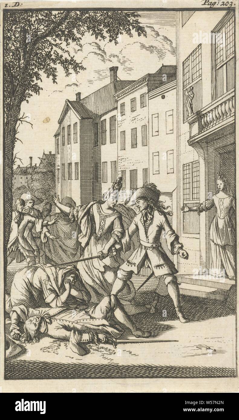 Mirandor uccide Isabella del fratello in una doppia battaglia, contrassegnato a sinistra e a destra: Mark a sinistra e a destra: I. D: - Pagina: 203, morte violenta dalla spada, Caspar Luyken, Amsterdam, 1695, carta, attacco, h 142 mm × W 87 mm Foto Stock