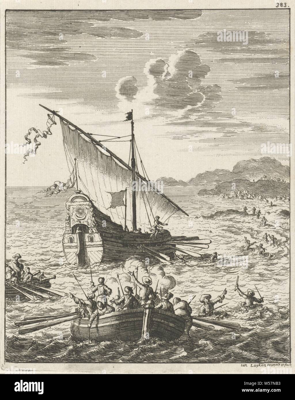 Nave dello scrittore Jean de Thevenot sopraffatte da pirati, stampa numerate in alto a destra: 383, nave a vela, barca a vela, pirata, Corsair, da buccaneer, Jan Luyken (menzionato in oggetto), Amsterdam, 1681, carta, attacco, h 169 mm × W 134 mm Foto Stock