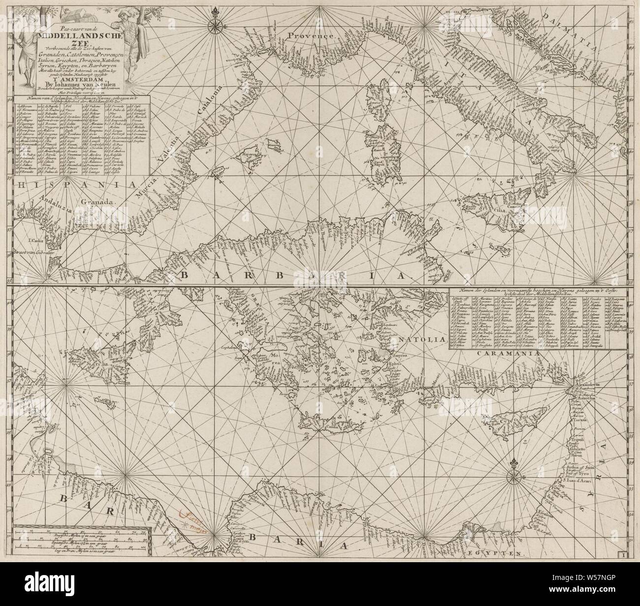 Mappa del Mare Mediterraneo con sopra la parte occidentale e al di sotto della parte est pas-caart del Mare Mediterraneo, indicante tutte le coste del Mare di Granaden, Catalonia, Provençen, Italia, Griecken, Thraçien, Natolien, Syrien, Egypten e Barbaryen con tutti i suoi Eylanden Naukeurigh-montato sotto il corretto e in-Tra (titolo in oggetto), mappa del Mare Mediterraneo con sopra la parte occidentale e al di sotto della parte orientale, con due compass rose, il nord è sopra. Sopra a sinistra il mercurio e un gentiluomo il titolo, l'editore di indirizzo e un elenco di nomi di importanti isole e porti, trova Foto Stock