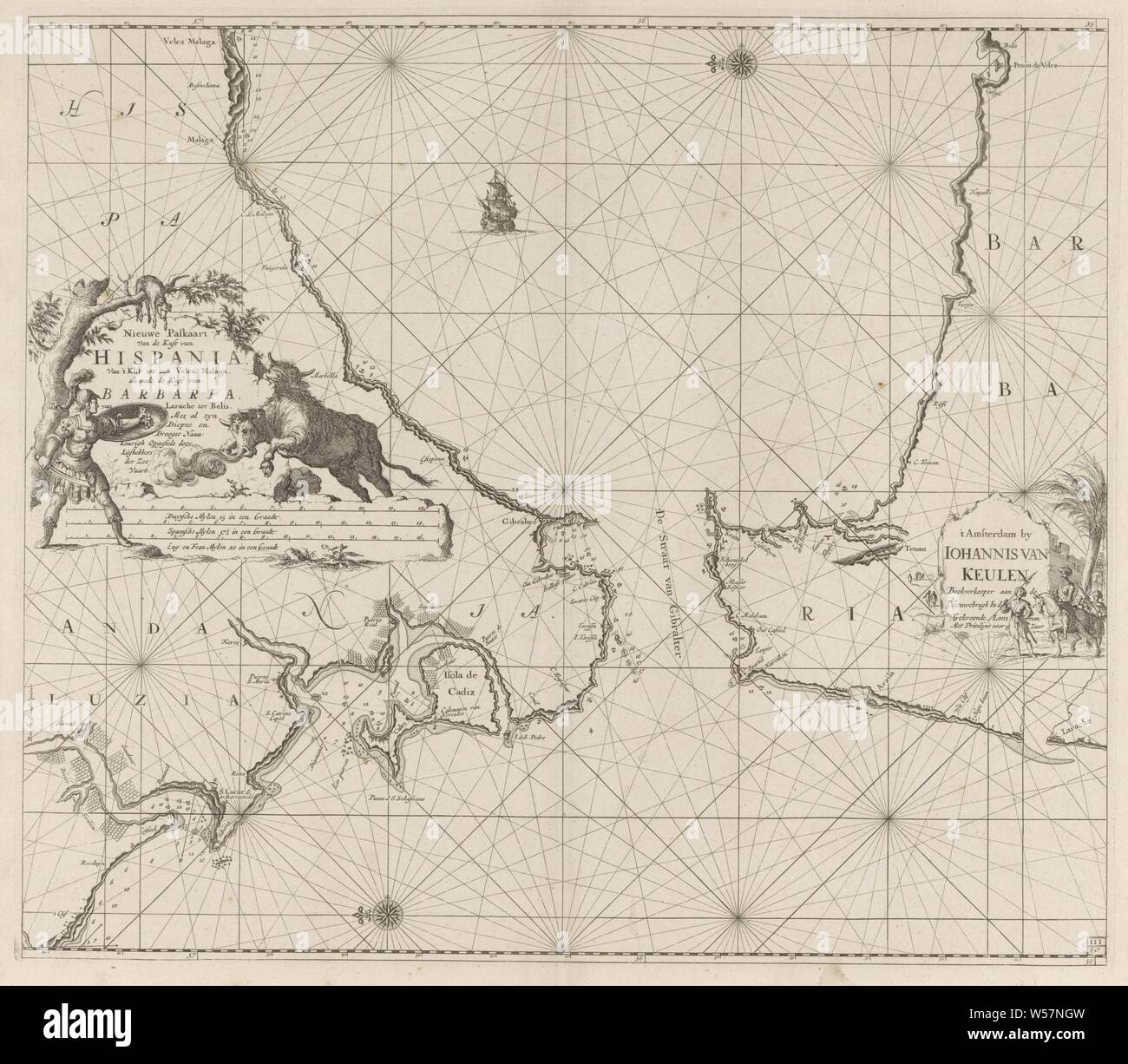 Mappa nautica dello Stretto di Gibilterra nuovo passaporto Card della costa di Hispania. Da 't Klif di Velez Malaga, come pure la Barbaria costa. Da Larache a Belis. Con tutta la sua profondità e la siccità Naau approvazione compilati dagli amanti del mare (titolo in oggetto), scheda passaporto dello Stretto di Gibilterra, con due compass rose, il nord è a sinistra. Sulla sinistra un cartiglio con il titolo e la scala in tedesco, spagnolo e inglese o francese miglia. Una corrida avviene intorno al titolo. Diritto all'editore indirizzo a Palm tree e alcuni uomini con turbanti, Bull, bull-fighter Foto Stock