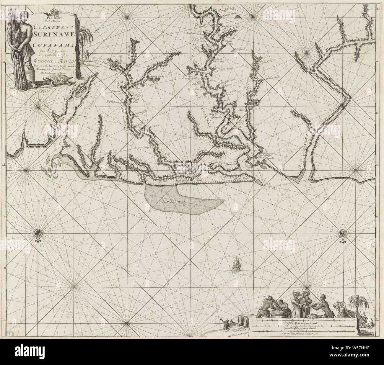 Pass card dei vari fiumi Suriname Pass card del Commewini Suriname e fiumi Cupanama (titolo in oggetto), Pass card della bocca dei vari fiumi Suriname in Atlantico, compreso il Commewijne, il Coppename e il fiume Suriname, e la sua bocca a Paramaribo. Con due compass rose, il nord è inferiore a. Sopra a sinistra un uomo tonante con zucchero di canna e una tartaruga per il titolo e l'indirizzo dell'autore. In basso a destra due commercianti degustazione della merce da un uomo di colore e alcuni uomini scuro facendo il lavoro. Al di sotto della scena la scala, mostrato in tedesco, spagnolo e inglese o francese miglia (scala Foto Stock
