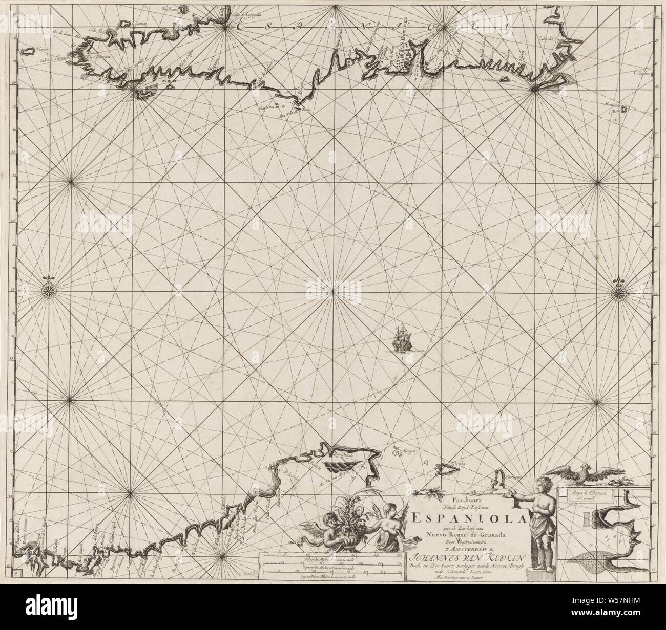 Scheda passaporto da Haiti, Repubblica Dominicana e Venezuela e Curacao e Aruba Passaporto carta dal Zuyd costa di Espanjola con la costa del Mare di Nuevo Reyne de Granada (titolo in oggetto), scheda del Passaporto della costa sud di Haiti, la costa meridionale della Repubblica Dominicana, Curaçao, Aruba e parte della costa nord del Venezuela. In basso a destra una scommessa con una mappa di un porto. Al di sotto del titolo, editore indirizzo e la scala, mostrato in tedesco, spagnolo e inglese o francese miglia. I dettagli sono decorate con un ragazzo e due angeli con fiori, amorini: 'amores', 'amoretti", "putti Foto Stock