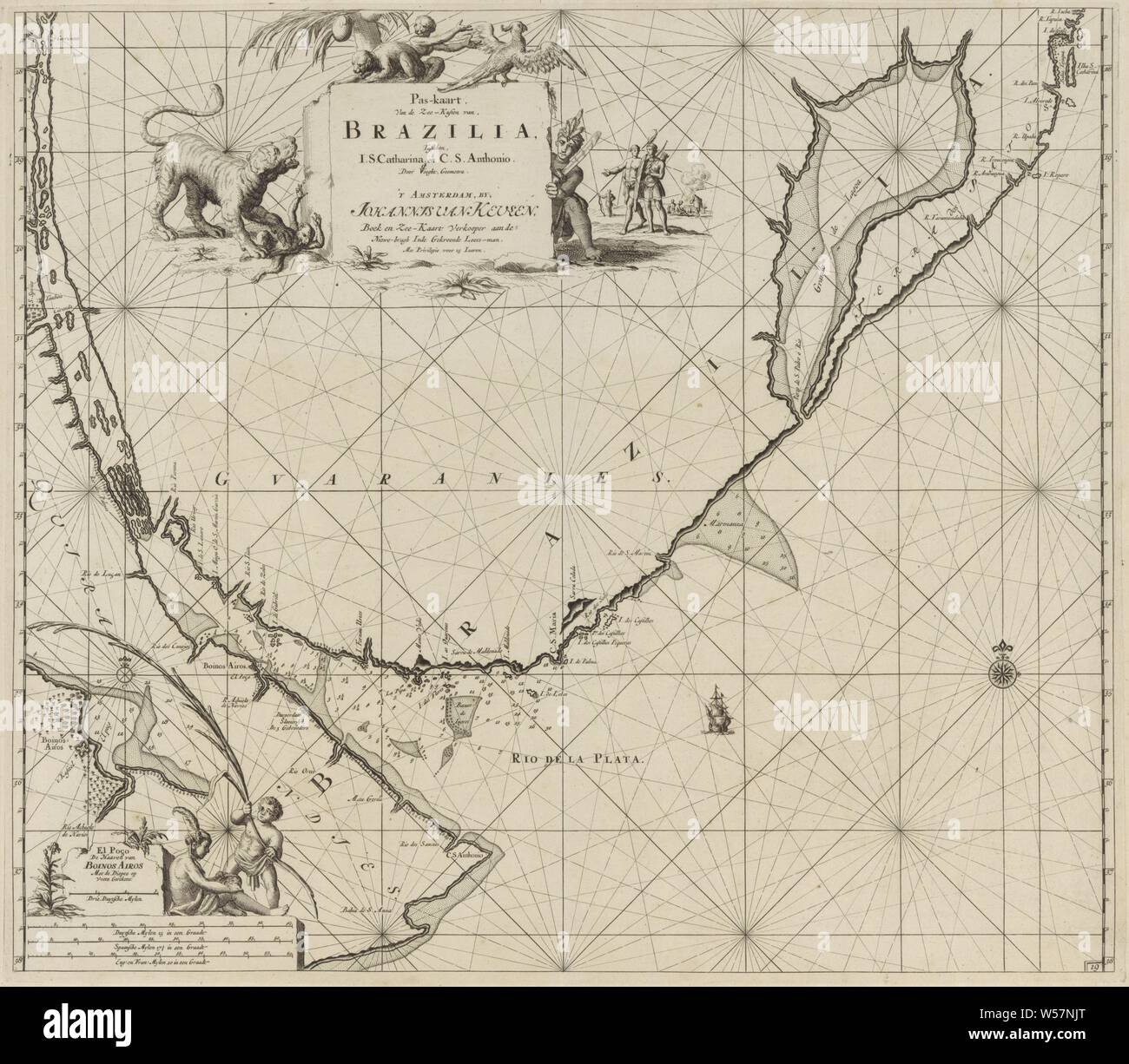 Tessera di Abbonamento di parte della costa del Brasile, Uruguay e Argentina Pass card del mare delle coste, Brasile, tra è Catharina, e CS Anthonio (titolo in oggetto), passaporto carta da una parte della costa del Brasile, Uruguay e Argentina, con un inserto card da Buenos Aires. La mappa contiene una rosa dei venti, il nord è sopra. In alto a destra il titolo e l'indirizzo dell'autore. A sinistra del titolo, due scimmie guardare una tigre imprigionare una terza scimmia. A destra del titolo di un pappagallo e pochi uomini. In basso a sinistra la scala, mostrato in tedesco, spagnolo e inglese o francese miglia (scala: c. 1: 2 500 Foto Stock