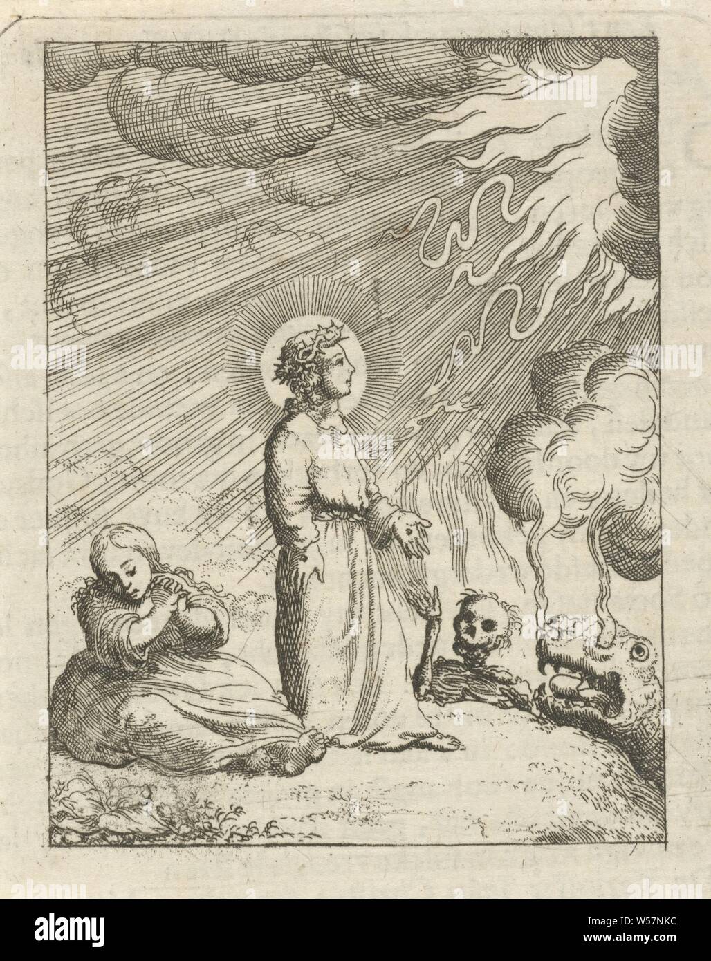 Cristo difende la personificata anima contro l'inferno e morte Gesù difende l'anima contro l'inferno e la morte di Cristo e l'anima, simboli dell'inferno, simboli di morte, Jan Luyken, Amsterdam, 1678 - 1687, carta, tipografia, h 90 mm × W 73 mm Foto Stock