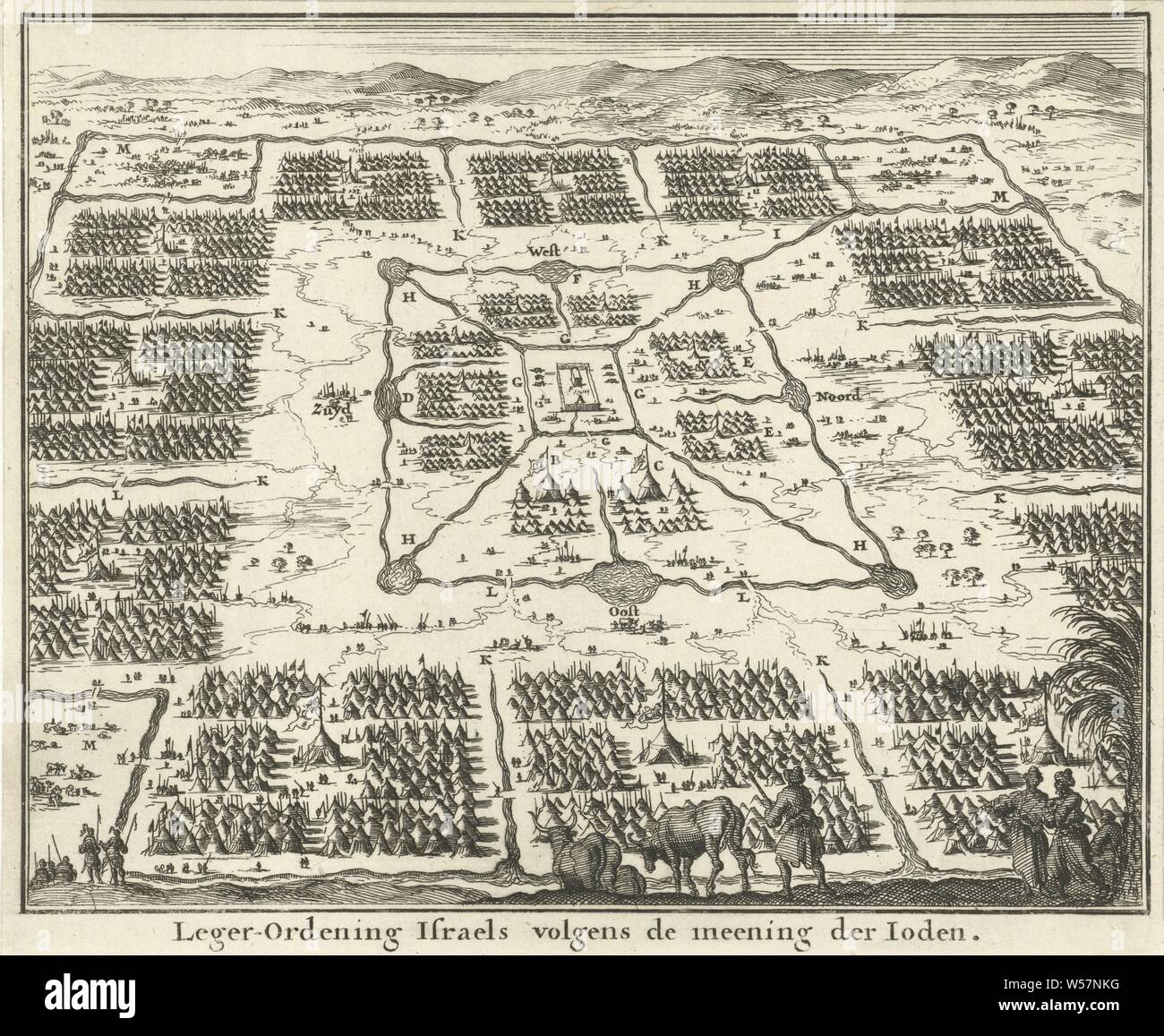 Tabernacolo circondato da campi tendati delle dodici tribù di Israele di ordinazione dell'esercito di Israele secondo il parere degli ebrei (titolo in oggetto), le dodici tribù di Israele tabernacolo, 'mishkan', religione ebraica, Jan Luyken, Amsterdam, 1683, carta, attacco, h 142 mm × W 173 mm Foto Stock