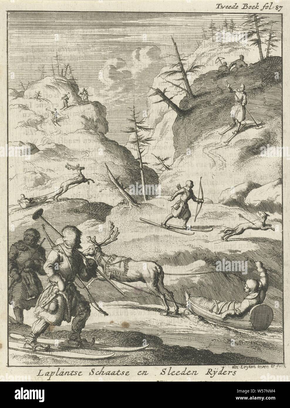 I lapponi spostare su assicelle di legno e in slittini attraverso il paesaggio innevato Laplantic Skate e Sleigh piloti (titolo in oggetto), in alto a destra il timbro contrassegnato: Primo Libro fol, 87, gli europei (con il nome), Sci Sport invernali), slitta, slitta (sport invernali), Lapponia, Jan Luyken (menzionato in oggetto), Amsterdam, 1682, carta, attacco, h 174 mm × W 134 mm Foto Stock