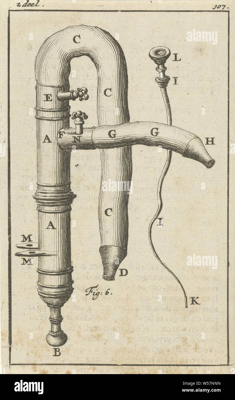 Illustrazione di una siringa, Stampa a destra e a sinistra la dicitura: 2 parte - 107, spruzzatura (o piante), Jan Luyken, Amsterdam, 1684, carta, attacco, h 127 mm × W 80 mm Foto Stock