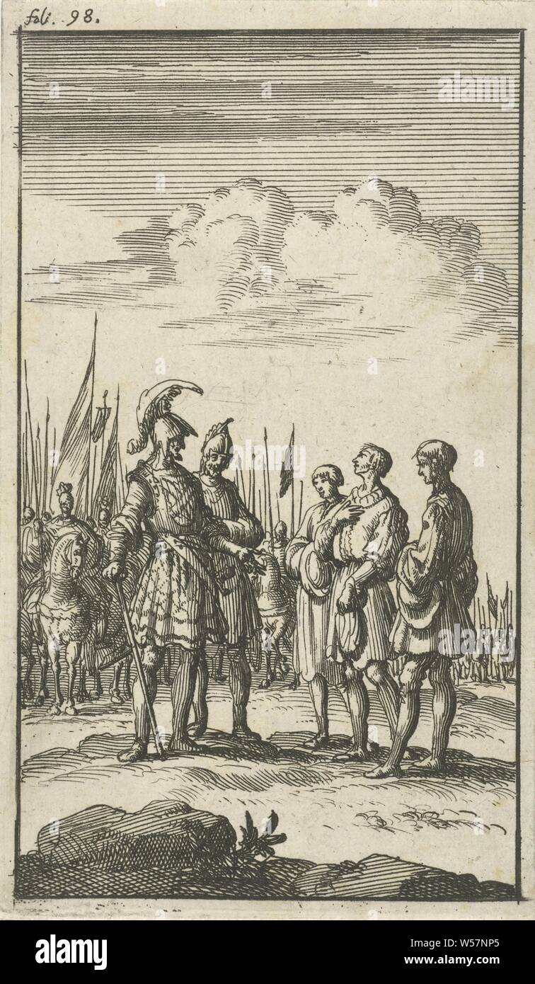 Tre uomini disarmati in conversazione con due comandanti dell esercito, in background i soldati a cavallo, contrassegnato in alto a sinistra: foli 98, comandante in capo delle forze armate, il generale, il maresciallo, forze terrestri, Jan Luyken, Amsterdam, 1685, carta, attacco, h 117 mm × W 68 mm Foto Stock