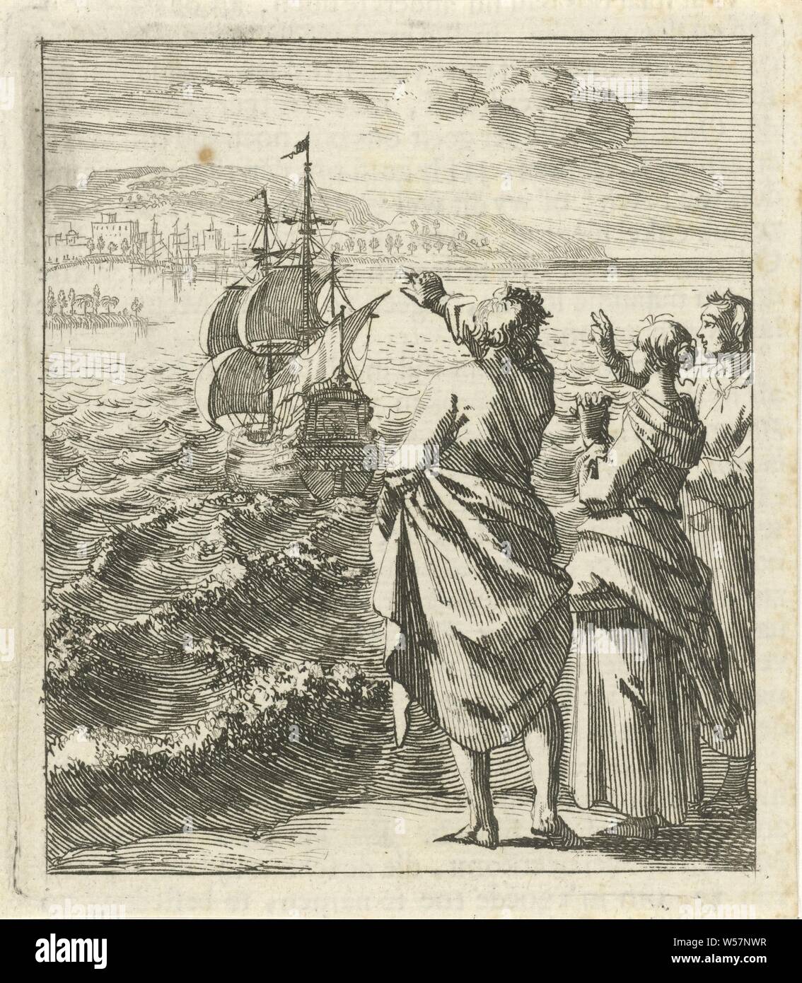 Tre figure Wave addio ad una nave a vela sull'altro lato, è Terra benedetta, nave a vela, barca a vela, sventolando addio, la partenza per un viaggio, Jan Luyken, Amsterdam, 1689, carta, tipografia, h 92 mm × W 80 mm Foto Stock