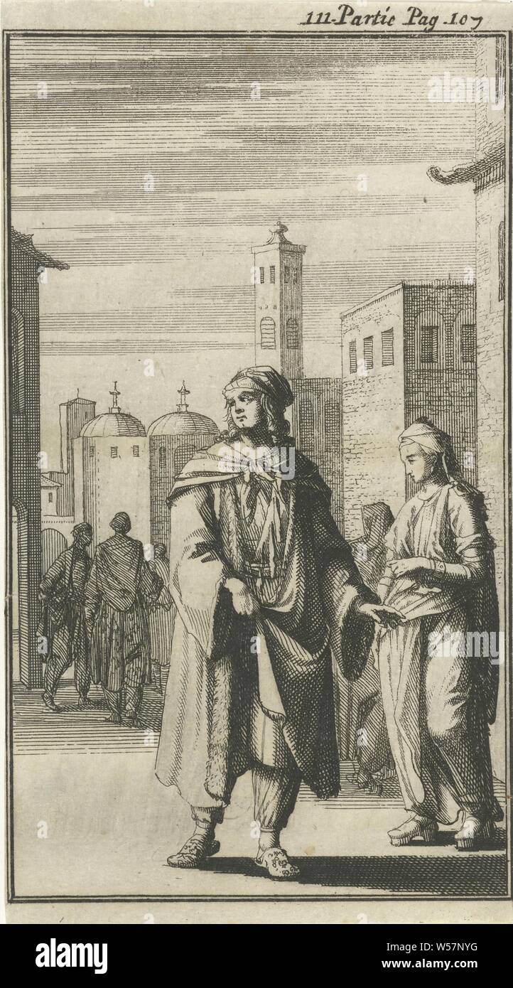 Residente di Agra, stampa superiore destra: III. Partie Pag. 107, street, costumi folk, costumi regionali, Agra, Jan Luyken, 1689, carta, attacco, h 147 mm × W 81 mm Foto Stock