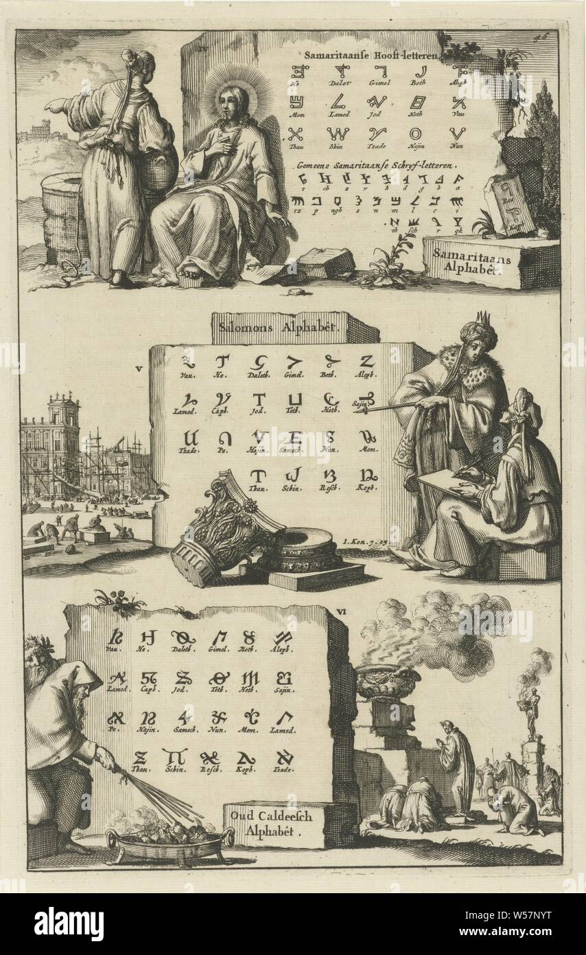 Samaritano, Salomone e antico alfabeto Caldeo Samaritano Alphabêt, Salomone Alphabêt e vecchi Caldeesch Alphabêt (titolo in oggetto), stampa numerate in alto a sinistra: 46, lettere alfabeto, script, Jan Luyken, Amsterdam, 1690, carta, attacco, h 286 mm × W 186 mm Foto Stock