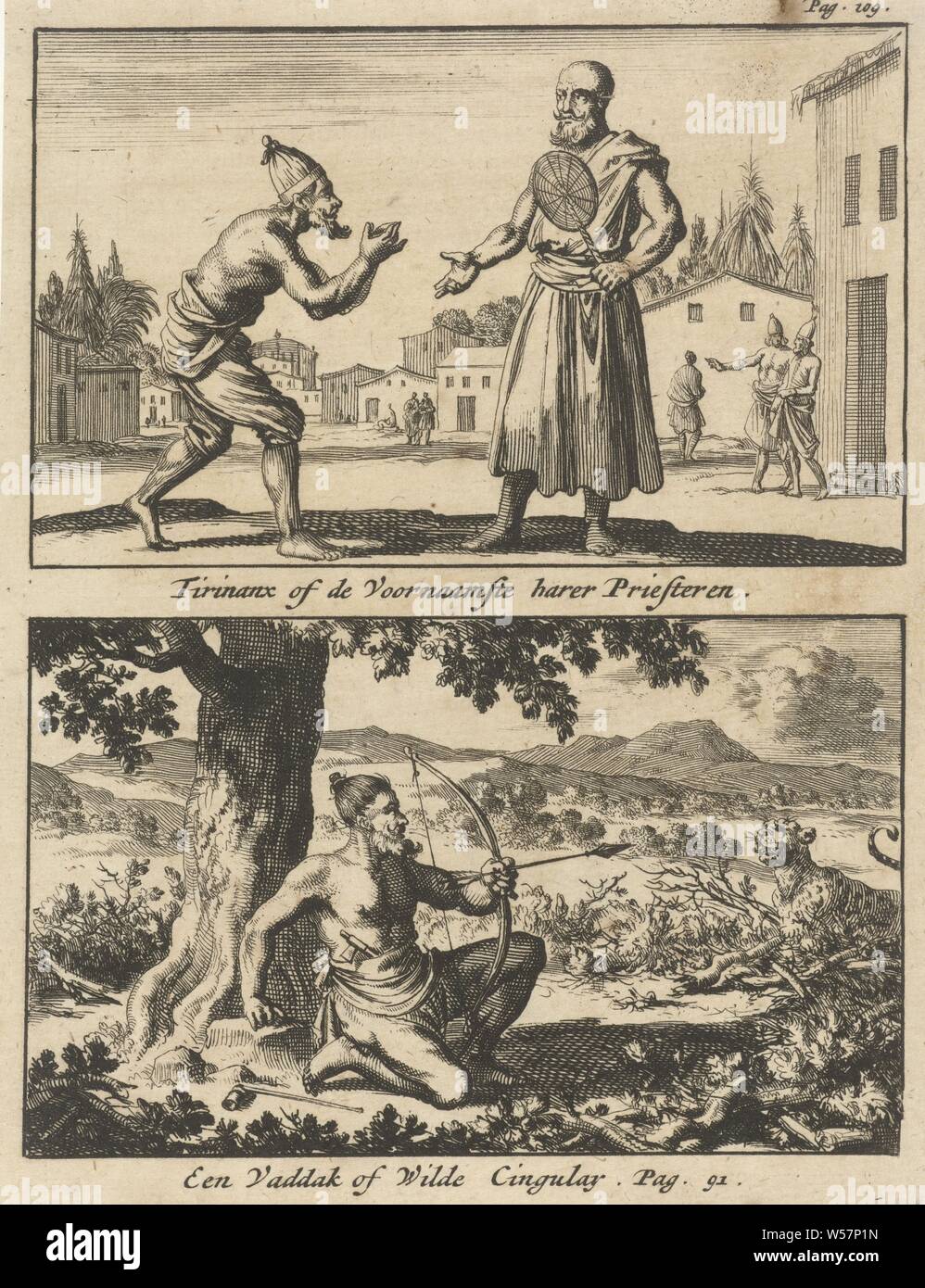 La figura a mendicare per un sacerdote / hunter mirando il suo arco e freccia in corrispondenza di una tigre Tirinanx o la principale herer Priesting / Un Vaddak o wild Cingulay (titolo in oggetto), due rappresentazioni di una piastra. Stampare contrassegnato in alto a destra: Pag. 109, sacerdote, induismo, buddismo, il giainismo, Archer's armi: arco e frecce, belve, animali predatori: tiger, Hunter, Sri Lanka, Jan Luyken, 1692, carta, attacco, h 170 mm × W 131 mm Foto Stock