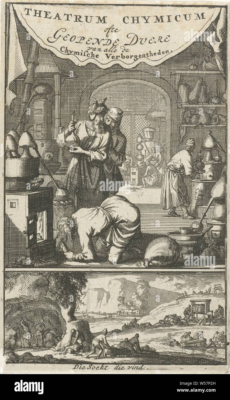 Le figure in un laboratorio titolo pagina per: S. Blankaart, Theatrum chimicum, o porta aperta della chymical nascondendo entità, 1693, un laboratorio dove un certo numero di cifre sono stufe di test con i distillatori. Sotto il principale mostra la rappresentazione di un paesaggio con operai in corrispondenza di una cava, laboratorio, cava, Jan Luyken, Amsterdam, carta, attacco, h 144 mm × W 90 mm Foto Stock