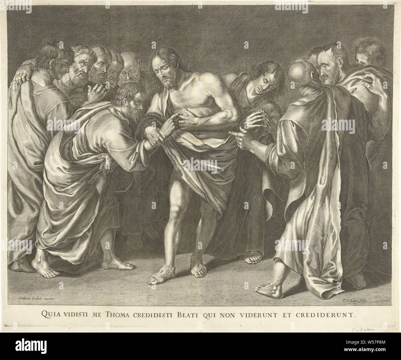 Incredulo Tommaso tocca Cristo sulla ferita Quia vidisti me Thoma credidisti beati qui non viderunt et crediderunt (titolo in oggetto), Cristo mostra Thomas le sue ferite dopo la crocifissione in presenza degli altri apostoli., Thomas toccando o si allungano le mani per toccare la ferita in il costato di Cristo, a volte Cristo conduce Thomas' canto, Cornelis van Dalen (MI) (menzionato in oggetto), 1612 - 1665, carta, incisione h 427 mm × W 517 mm Foto Stock