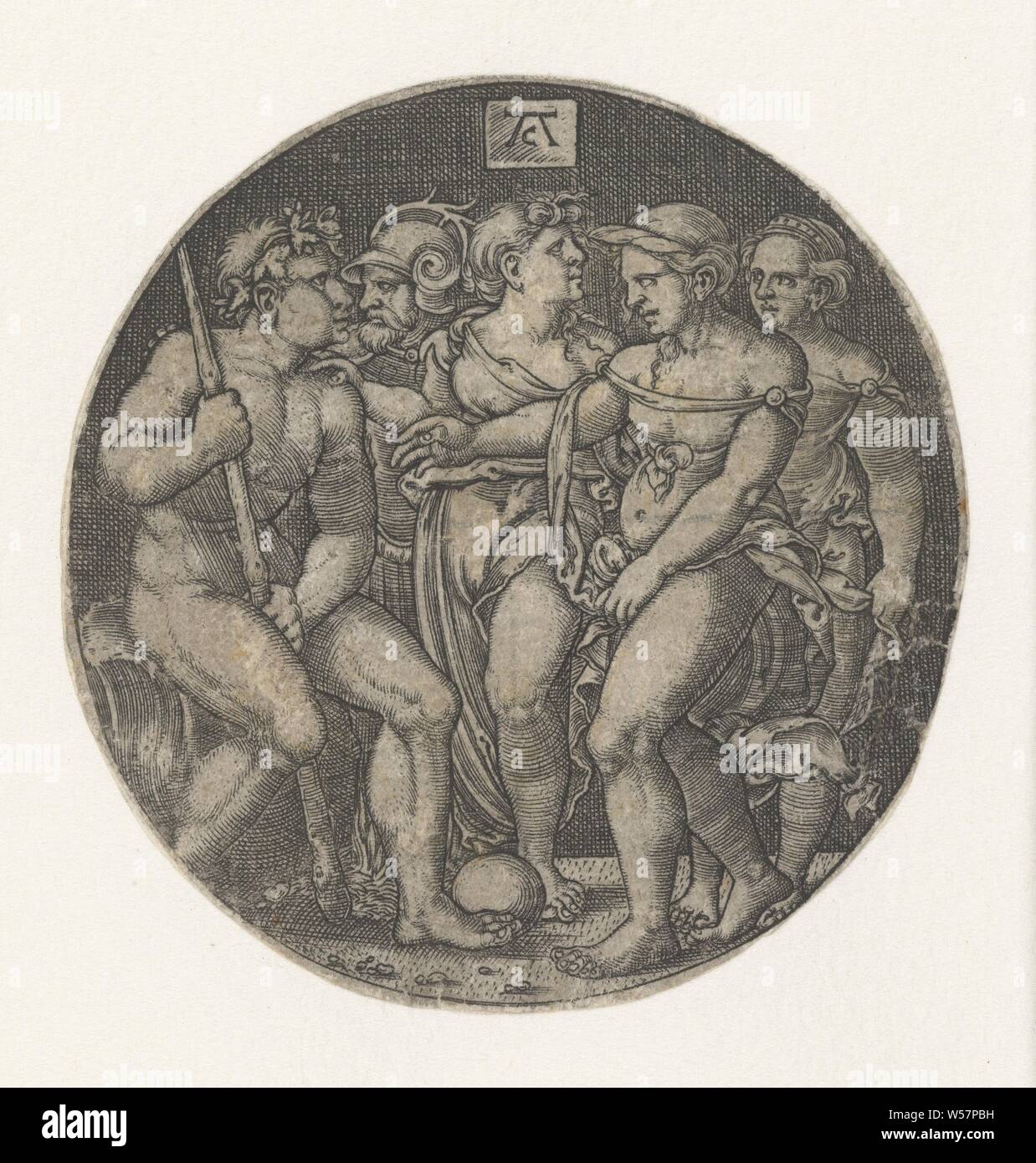 Sentenza di Parigi, nel cerchio Parigi con una palla al piede, insieme con le tre dee e mercurio la sentenza di Parigi (mercurio presente), Monogrammist AC (16e eeuw) (menzionato in oggetto), Nederlanden, 1520 - 1562, carta, incisione, d 55 mm Foto Stock