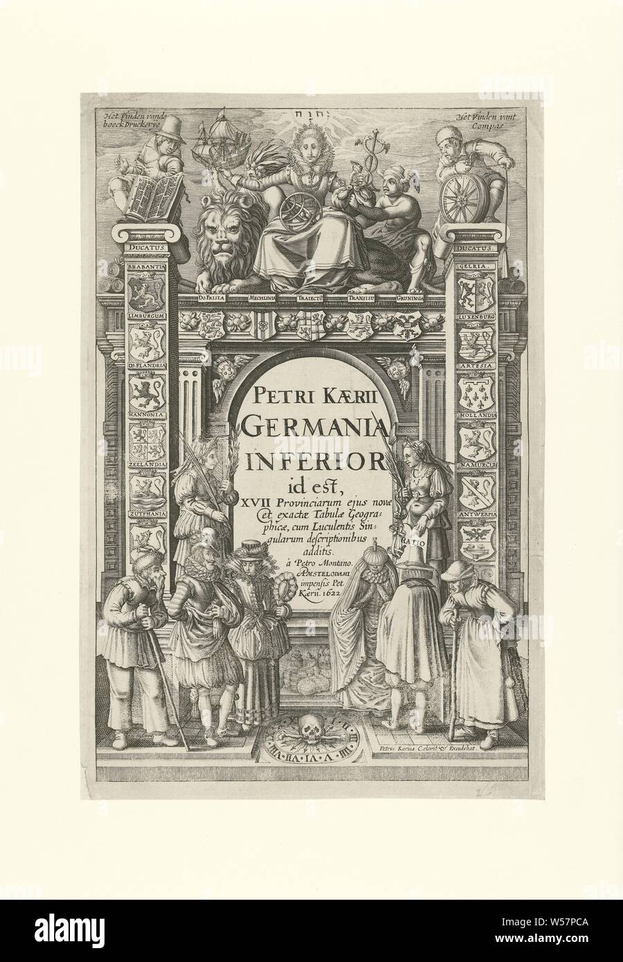 Titolo stampa per la Germania Inferiore, Titolo di stampa per 'Germania' inferiore con un arco trionfale a metà, fiancheggiata da due donne. La donna sulla destra è in possesso di una scopa e una piastra con 'rapporto' nelle sue mani e la donna a sinistra è in possesso di un ramo di palma e un ramo di olivo. L'arco è decorato con i bracci del 'De Seventien Provincien'. Un riccamente vestito donna siede su un arco su un arco. Ella è circondato da attributi che rappresentano la prosperità delle province, come ad esempio il personale di mercurio, una barca e il armillarium sul suo grembo. Accanto a lei è il mercurio e lasciato alle spalle il suo Nettuno Foto Stock