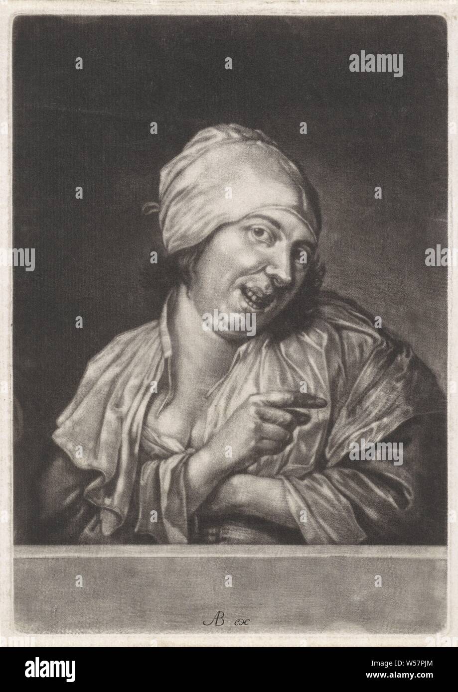 Donna sorridente (faccia) i cinque sensi (titolo serie), la faccia di rilevamento. Donna sorridente fa un gesto di puntamento con una delle sue dita. La stampa è parte di una serie con i cinque sensi., vista guardando (uno dei cinque sensi), ridere, Abramo Bloteling, Amsterdam, 1652 - 1690, carta, incisione h 195 mm × W 136 mm Foto Stock