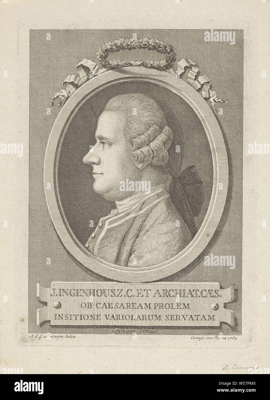 Ritratto di biologo e medico Jan Ingenhousz, storico delle persone, la scienza e la tecnologia (ritratto di studioso, scienziato), Jan Ingenhousz, Domenico Cunego (menzionato in oggetto), Roma, 1769, carta, attacco, h 207 mm × W 150 mm Foto Stock