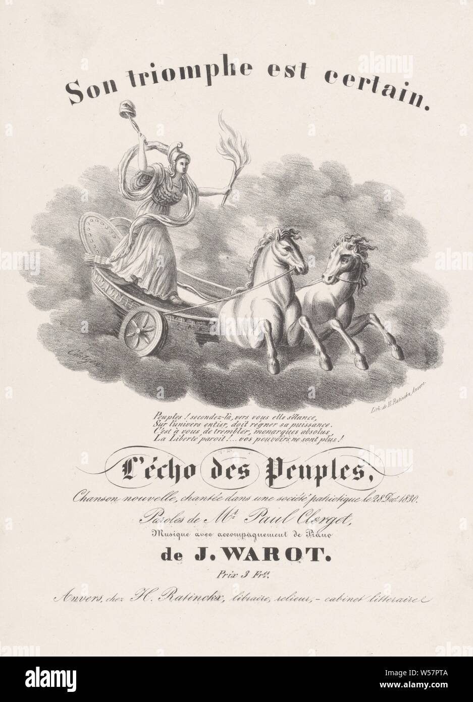 Canzone patriottica, 1830 figlio triomphe est alcuni. L' Écho des Peuples, Chanson nouvelle, chantée dans une societé patriotique le 28 dic. 1830 (titolo in oggetto), la parte anteriore del foglio di musica (la musica è mancante) per una canzone patriottica, cantata su dicembre 28, 1830. La libertà in un carro trainato da due cavalli tra le nuvole. Nella didascalia di un quattro-linea verse, Libertà, 'libertà' (RIPA) (concetto astratto rappresentato dalla figura femminile), J.J. Cöntgen (menzionato in oggetto), Nov-1830 - Dic-1830, carta, h 375 mm × W 275 mm Foto Stock