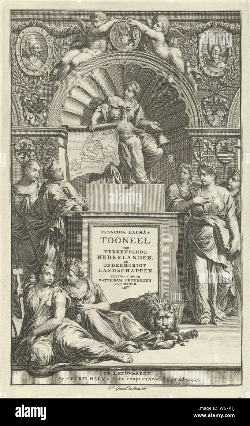 Allegoria della Repubblica delle sette nazioni Paesi Bassi pagina titolo per François Halma e causa Matthaeus BROUERIUS VAN NIDEK Tooneel, del Regno dei Paesi Bassi e il suo subordinato paesaggi, 1725 Francois Halma della fase del Regno dei Paesi Bassi e i suoi paesaggi dipendente (titolo in oggetto), Titolo pagina con rappresentazione allegorica. La personificazione del paese è su un trono elevata, circondato da le personificazioni delle sette province. Ella è in possesso di una mappa dei Paesi Bassi. Sul trono il titolo del libro. Sotto il trono del Leone Olandese, con un fascio di frecce, bestie Foto Stock