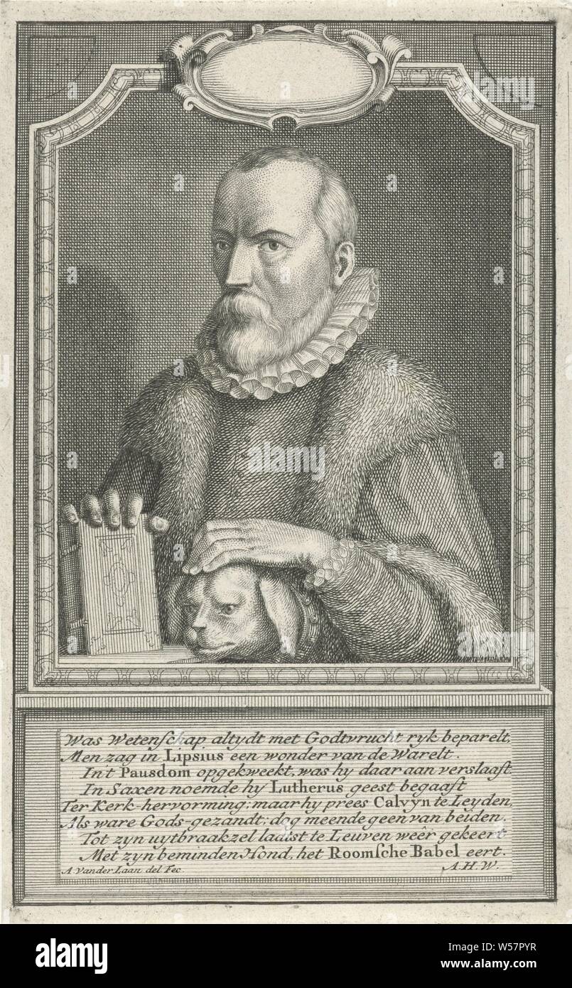 Ritratto di Justus Lipsius, Busto a sinistra del Justus Lipsius, umanista e letterato, bareheaded e con collare in pelliccia. La sua mano sinistra si appoggia sulla testa di un cane, la mano destra è basato su un libro. Attorno una cornice ornamentale, sotto il ritratto il nome della persona raffigurata e un otto-linea verse Olandese, Justus Lipsius, Adolf van der Laan (menzionato in oggetto), 1694 - 1755, carta, incisione h 164 mm × W 102 mm Foto Stock Ritratto di Justus Lipsius, Busto a sinistra del Justus Lipsius, umanista e letterato, bareheaded e con collare in pelliccia. La sua mano sinistra si appoggia sulla testa di un cane, la mano destra è basato su un libro. Attorno una cornice ornamentale, sotto il ritratto il nome della persona raffigurata e un otto-linea verse Olandese, Justus Lipsius, Adolf van der Laan (menzionato in oggetto), 1694 - 1755, carta, incisione h 164 mm × W 102 mm Foto Stock