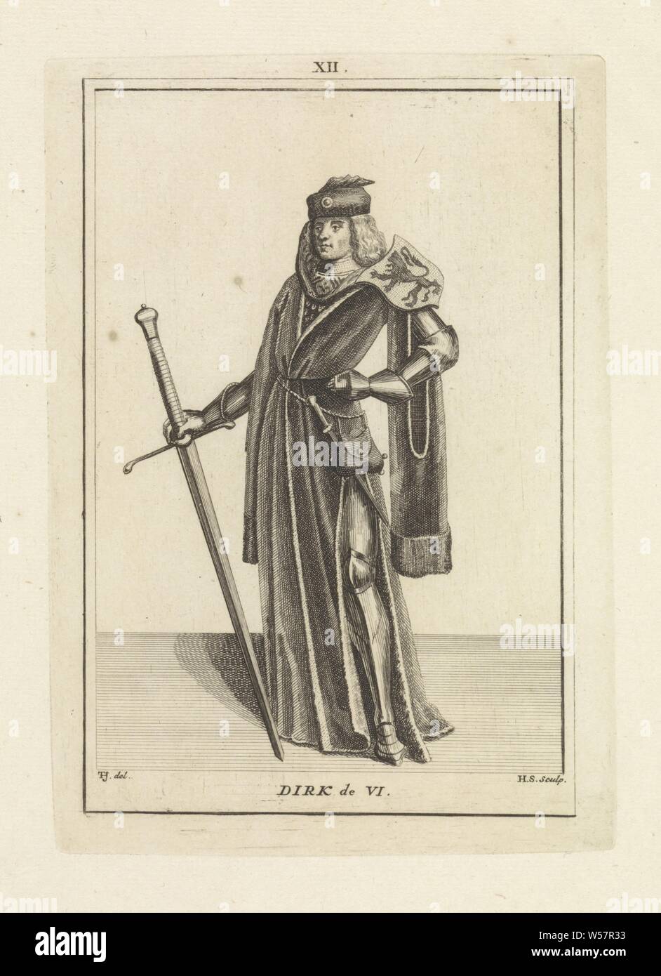 Ritratto di Dirk VI, Conte di Olanda, stando in piedi alla destra di un abito di armatura e un mantello. Sulle sue spalle l'arma di Olanda e in mano una spada. Medio superiore: XII, nobiltà e patriciate, cavalleria, cavallereschi, Dirk VI (conte di Holland), Hendrik Spilman (menzionato in oggetto), Haarlem, 1745, carta, attacco, h 192 mm × W 135 mm Foto Stock
