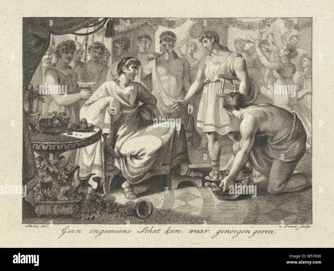 Celebrare la società per un principe non raro tesoro può dare il vero piacere (titolo in oggetto), un uomo con un argano e una inginocchiamo figura con un cestello per una femmina di principe. Sullo sfondo di una società con strumenti musicali, righello sovrano - BB - femmina righello, lira, cithara, arpa, più di un musicista con strumento, inginocchiato figura (lato sinistro, visibile a sinistra - (mano sinistra e il piede sinistro, ecc.) )), Willem van Senus (menzionato in oggetto), Paesi Bassi, 1811, carta, h 99 mm × W 137 mm Foto Stock