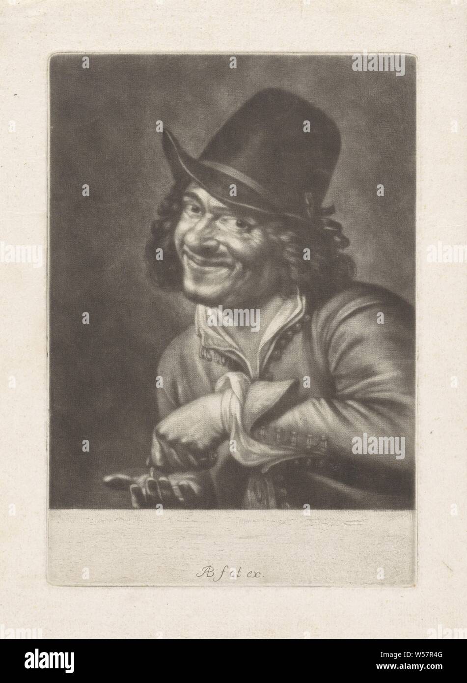 L'uomo conta monete (l'udito) i cinque sensi (titolo serie), l' audizione. Un uomo in un cappello conta monete. La stampa è parte di una serie con i cinque sensi, udito, ascolto (uno dei cinque sensi), denaro-changer, Abramo Bloteling (menzionato in oggetto), Amsterdam, 1652 - 1690, carta, incisione h 195 mm × W 136 mm Foto Stock