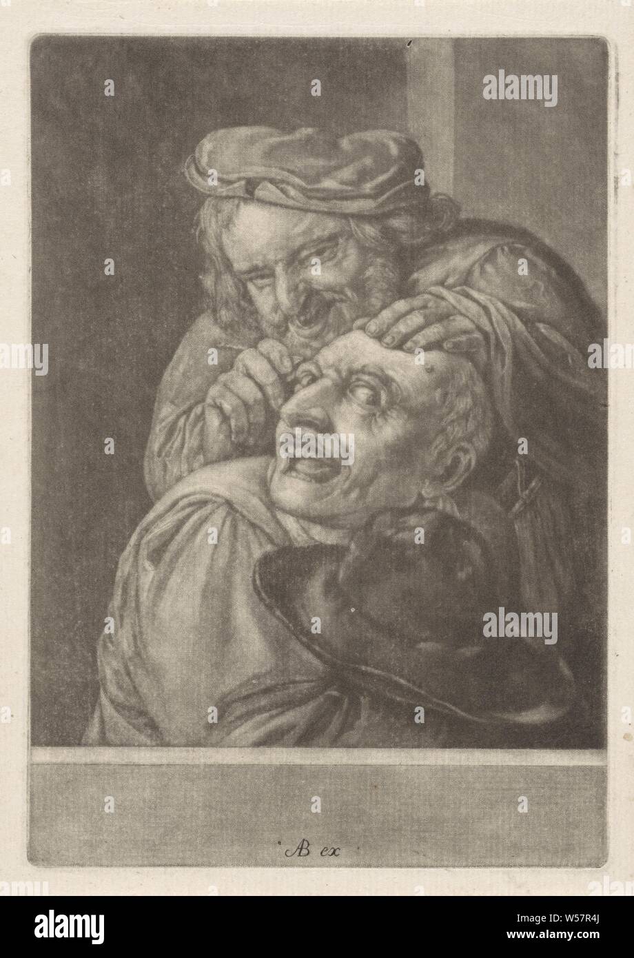 Keisnijder (la sensazione) i cinque sensi (titolo serie), il senso del sentimento. Un uomo taglia un masso al di fuori della testa di un altro uomo. La stampa è parte di una serie con i cinque sensi, sensazione (uno dei cinque sensi), operazione di pietra, ad es .: da la strega di Malleghem, Abramo Bloteling, Amsterdam, 1652 - 1690, carta, incisione h 195 mm × W 136 mm Foto Stock