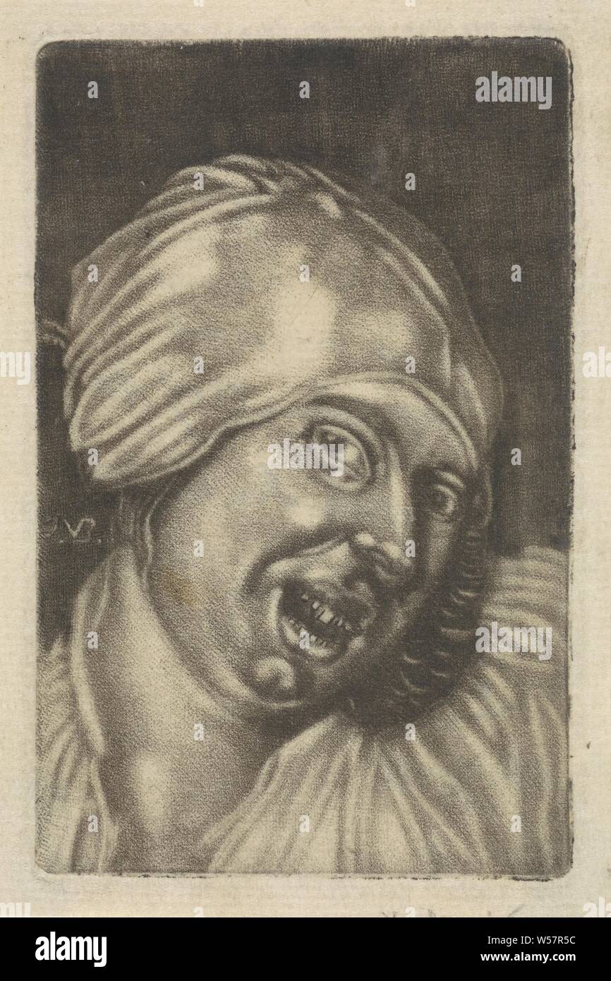Donna sorridente (faccia) i cinque sensi (titolo serie), la faccia di rilevamento. Donna sorridente. La stampa è parte di una serie con i cinque sensi, ridendo, vista guardando (uno dei cinque sensi), Jan van der Bruggen (menzionato in oggetto), 1659 - 1740, carta, h 100 mm × W 63 mm Foto Stock