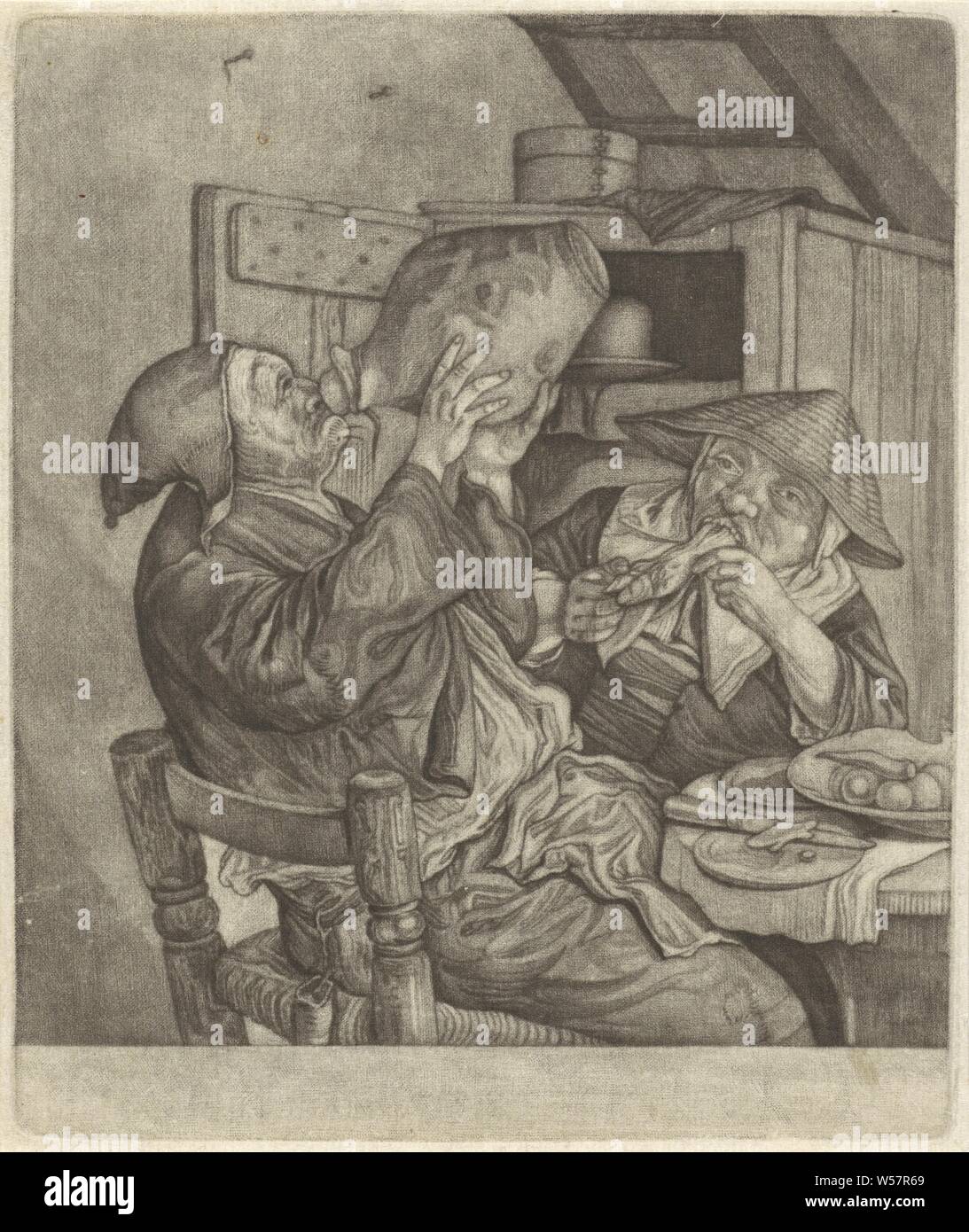 Gusto cinque sensi (titolo serie), il senso del gusto. Un agricoltore e la coppia avente un pasto. La stampa è parte di una serie di cinque stampe con i cinque sensi, gusto, degustazione (uno dei cinque sensi), mangiare, bere, agricoltori, Cornelis Dusart, Haarlem, 1679 - 1704, carta, h 153 mm × W 129 mm Foto Stock