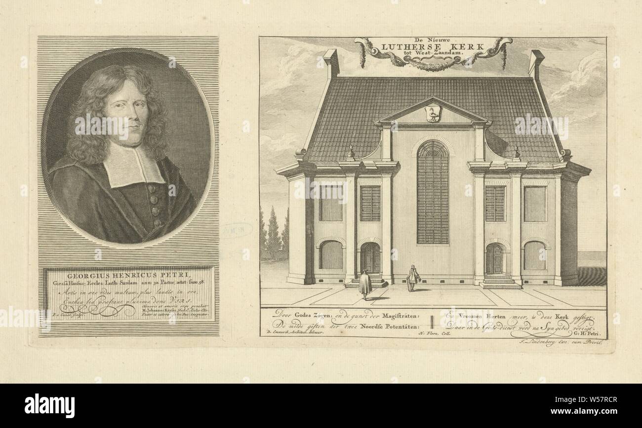 Ritratto di Georg Henri Petri e vista della chiesa luterana di Zaandam, Sinistra: Georg Henri Petri, pastore luterano in Zaandam. Sotto il ritratto di una didascalia latina. A destra: la chiesa luterana di Zaandam, costruito nel 1699. Con l'accompagnamento di poesia Olandese, Chiesa Luterana, Georg Henri Petri, Pieter van Gunst (menzionato in oggetto), Amsterdam, 1699 - 1731, carta, incisione h 150 mm × W 274 mm Foto Stock