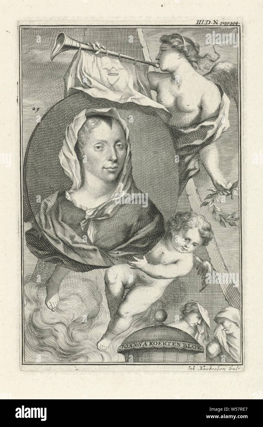 Ritratto di Johanna Koerten, fama, "Fama", "Fama buona', 'Fama chiara" (RIPA) (concetto astratto rappresentato dalla figura femminile), Johanna Koerten, Jacob Houbraken (menzionato in oggetto), Amsterdam, 1753, carta, incisione h 151 mm × W 97 mm Foto Stock