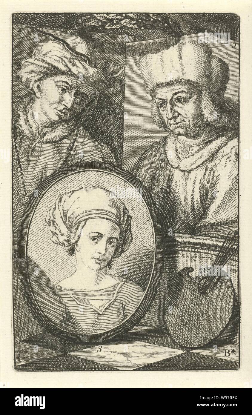 Ritratti di Hubert, Jan e Margaretha van Eyck, tre ritratti numerati. Ritratto di Hubert van Eyck (n. 1), Jan van Eyck (n. 2) e Margaretha van Eyck (n. 3). Contrassegnati in basso a destra: B *, Margaretha van Eyck, Jan van Eyck, Hubert van Eyck, Jan l'Ammiraglio (menzionato in oggetto), 1759 e/o 1764, la carta, attacco, h 156 mm × W 100 mm Foto Stock