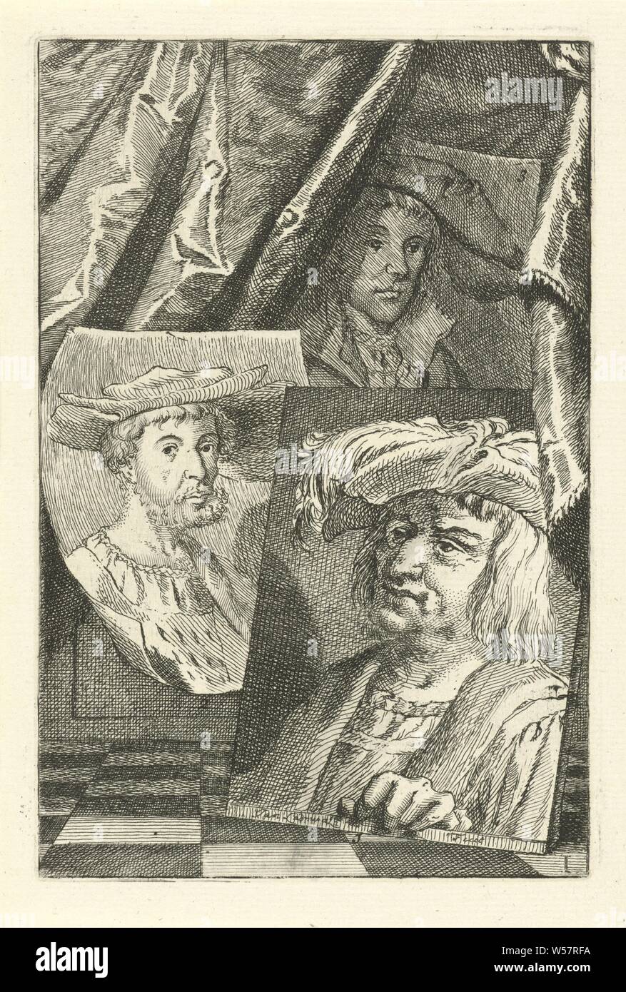 Ritratti di Hugo Jacobsz, Jan Massijs e Lucas Cornelisz. Arte, tre numerate dell'artista ritratti. Ritratto di Hugo Jacobsz. (N. 1), Jan Massijs (n. 2) e Lucas Cornelisz. Arte (n. 3). Stampa contrassegnati in basso a destra: io, Hugo Jacobsz, Jan Massijs, Lucas Cornelisz. Arte, Jan l'Ammiraglio (menzionato in oggetto), 1764, carta, attacco, h 157 mm × W 109 mm Foto Stock