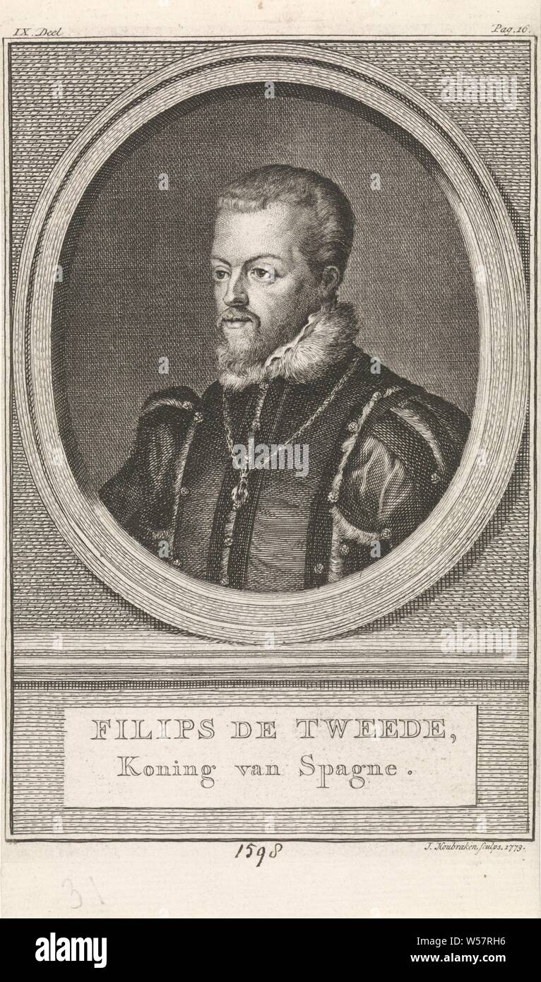 Ritratto di Filippo II re di Spagna Filippo II (titolo in oggetto), Busto a sinistra di Filippo II re di Spagna in un ovale. Il ritratto poggia su un basamento con il suo nome e titolo in due linee in olandese. In alto a sinistra: IX e la parte in alto a destra: pagina 16, Filippo II re di Spagna), Jacob Houbraken (menzionato in oggetto), Amsterdam, 1773, carta, penna, h 176 mm × W 117 mm Foto Stock