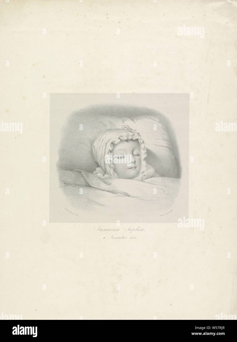 Ritratto di Susanna Sophia sul suo letto di morte Susanna Sophia, nov. 11. 1833, la bambina indossa un cappello con un arco sulla testa. La coperta viene tirato fino al suo mento. Sotto il ritratto del suo nome e data: Novembre 11, 1833, in punto di morte, ragazza (bambino tra bimbo e gioventù), Isacco Cornelis Elink Sterk (menzionato in oggetto), l'Aia, carta, h 480 mm × W 362 mm Foto Stock