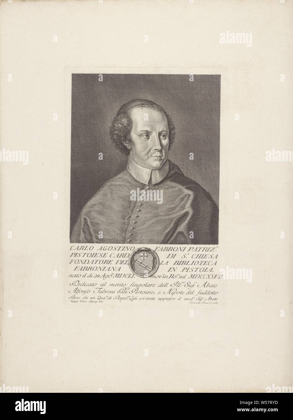 Ritratto del cardinale Carlo Agostino Fabroni ritratti di famosi italiani con uno stemma nel margine inferiore (titolo serie), storico delle persone, il cardinale Carlo Agostino Fabroni, Raimondo Faucci (menzionato in oggetto), Italia, 1765, carta, incisione h 294 mm × W 198 mm Foto Stock