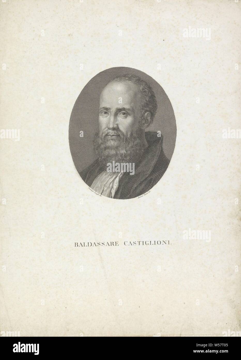 Ritratto del poeta Baldassare Castiglioni ritratti di famosi italiani in ovali (titolo serie), storico persone, ritratto o writer, scrittore, poeta, autore, Baldassare Castiglione, Antoino Gaiani (menzionato in oggetto), Italia, 1814 - 1821, carta, incisione h 315 mm × W 226 mm Foto Stock