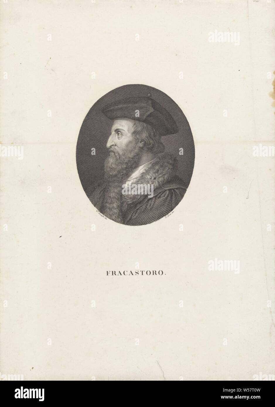 Ritratto di scienziato Girolamo Fracastoro Ritratto di famosi italiani in ovali (titolo serie), storico delle persone, la scienza e la tecnologia (ritratto di studioso, scienziato), ritratto di uno scrittore, Girolamo Fracastoro, Samuele Jesi (menzionato in oggetto), Italia, 1798 - 1853, carta, incisione h 325 mm × W 236 mm Foto Stock
