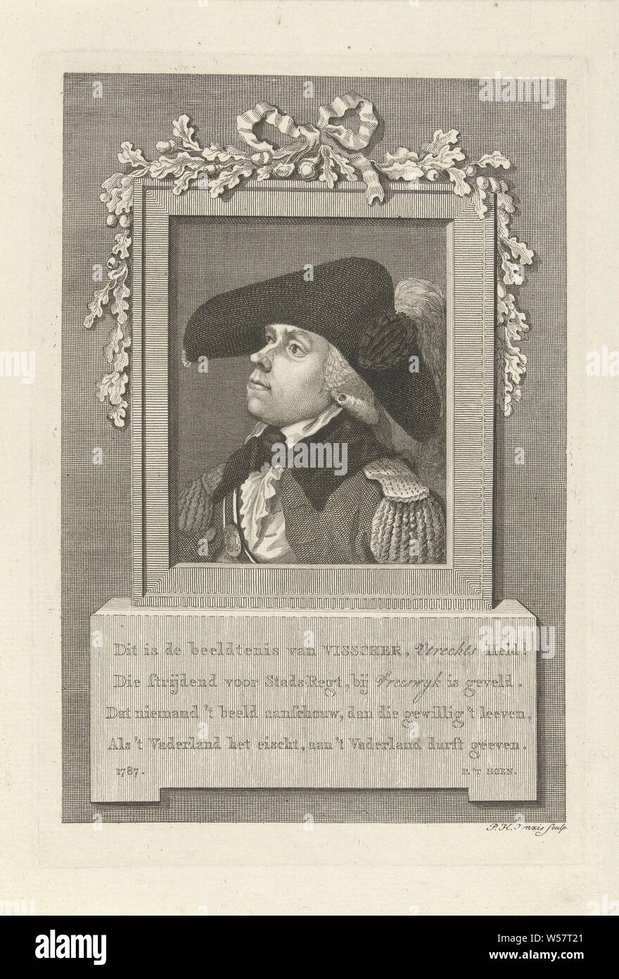 Ritratto di Cornelis Govert Visscher, Busto ritratto del comandante Cornelis Govert Visscher. Il ritratto è impostato in un telaio rettangolare decorato con foglie di quercia e una prua. Nel telaio a quattro linee del poema in lingua olandese Cornelis Govert Visscher, Pieter Hendrik Jonxis (menzionato in oggetto), Utrecht, 1787, carta, incisione h 216 mm × W 147 mm Foto Stock